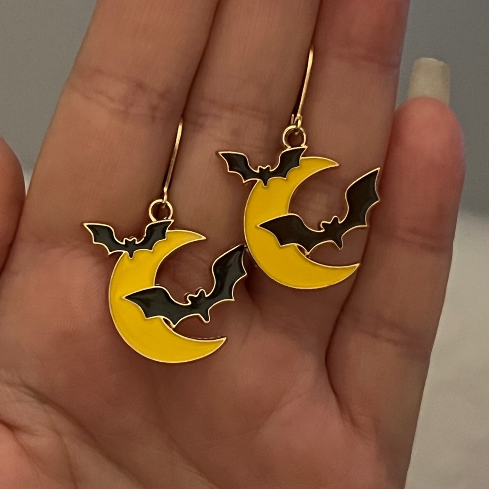 New Cute Crescent Moon Bat Enamel Halloween Earrings With Lever Back Hooks